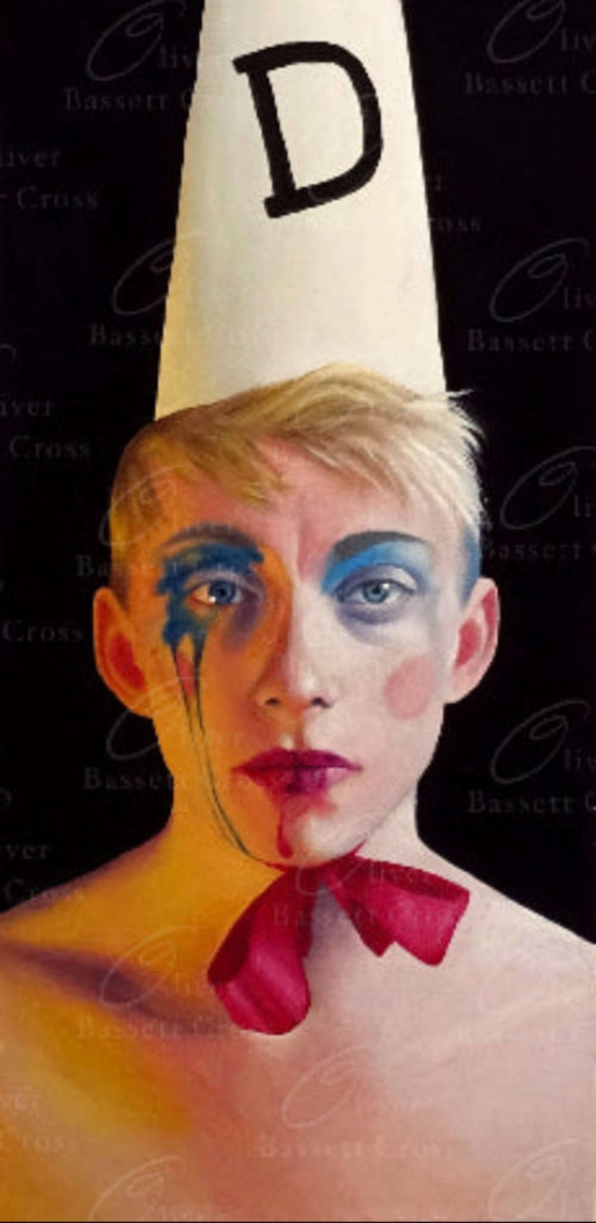 Dunce A — oil on canvas painting of a figure in a paper dunce cap, half the face in smeared blue and orange makeup