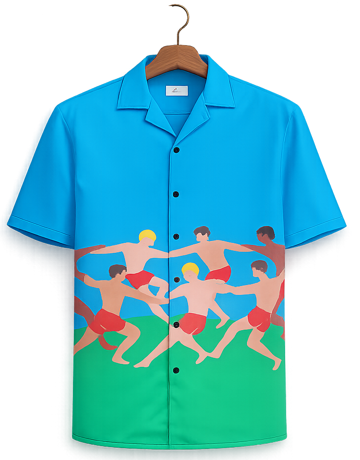 The "Dancing Boys" button shirt, hanging on a wooden hanger