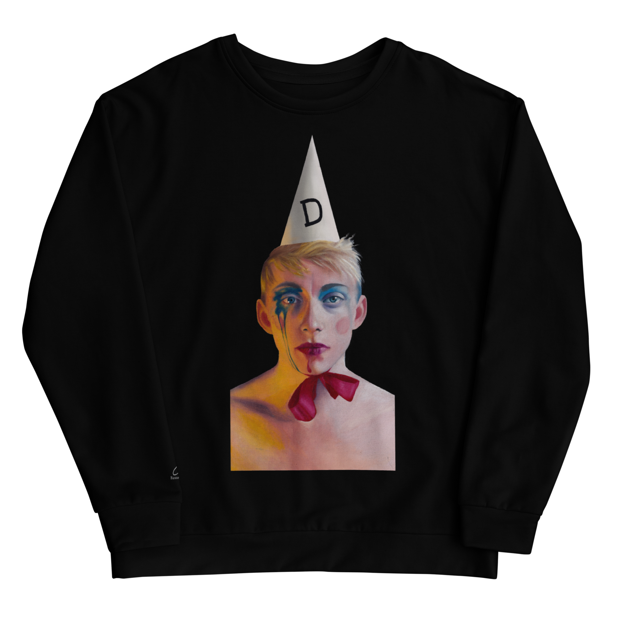 Black sweatshirt printed with the Dunce A portrait inside a paper dunce cap, front view