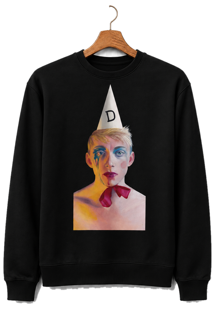 The "Dunce" sweatshirt, hanging on a hanger