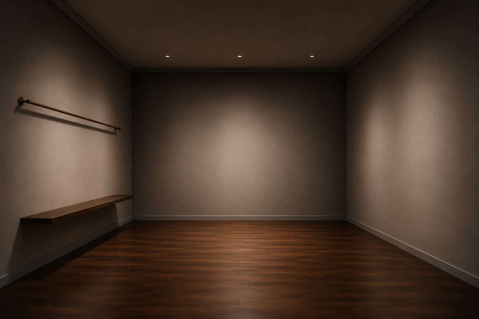 A 3-wall gallery room: a back wall for the featured painting, a brass rail and shelf on the left wall, and a plain right wall